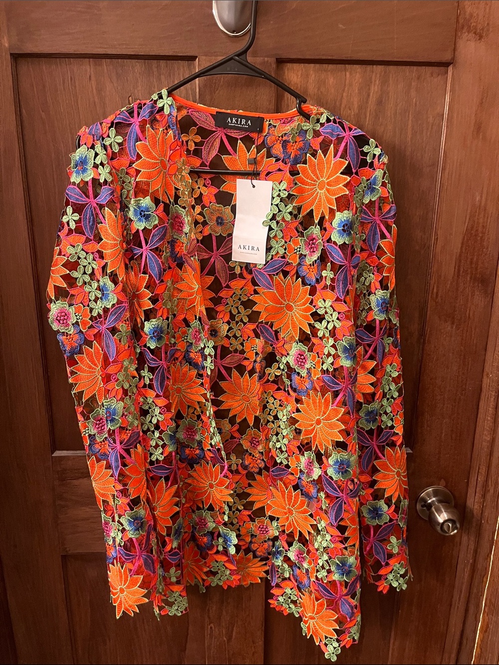 AKIRA Vibrant Orange Floral Crochet Jacket